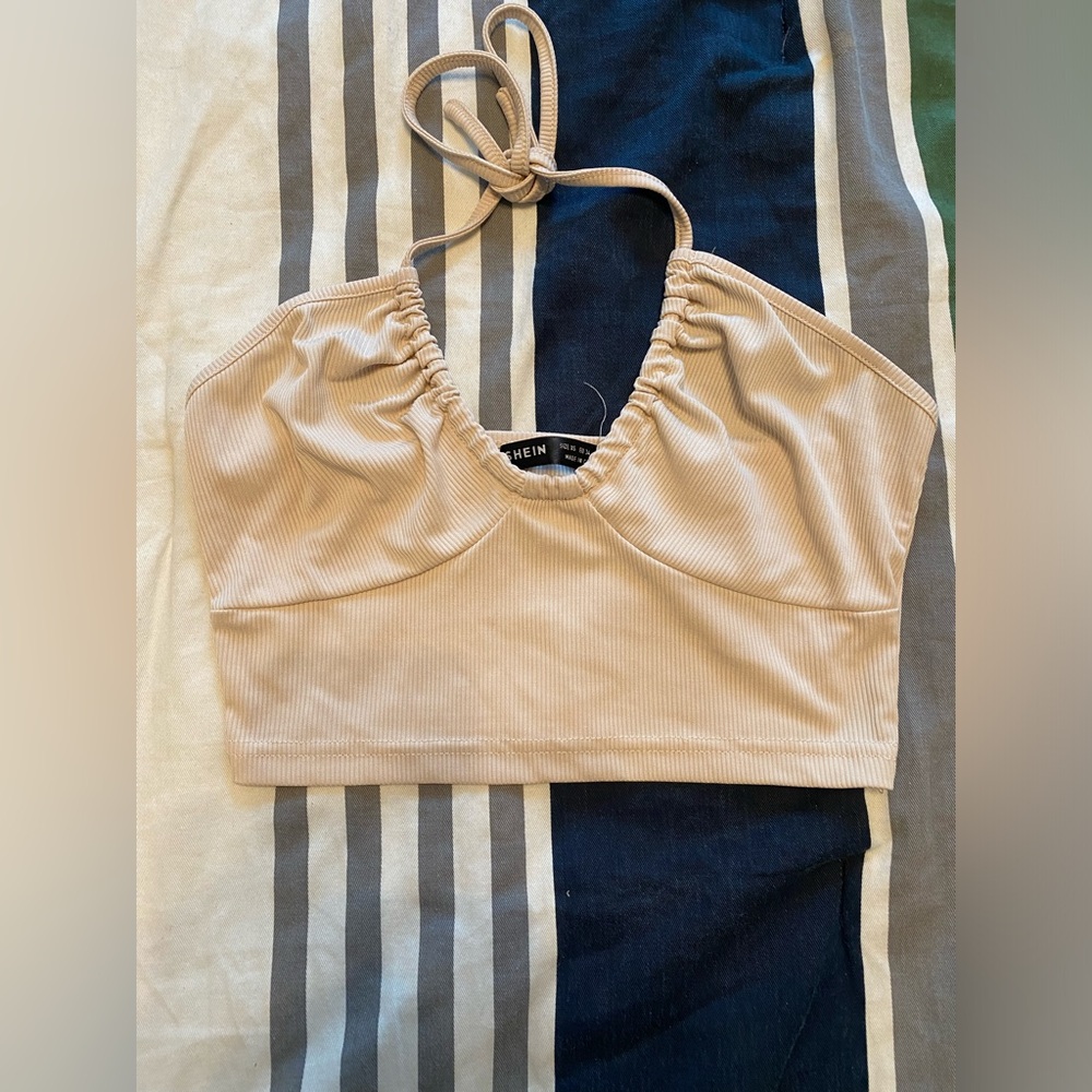 SHEIN Light Beige Ribbed Halter Top